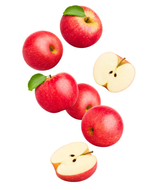 fallande rött saftigt äpple isolerad på vit bakgrund, urklippsbana, full skärpedjup - apple bildbanksfoton och bilder