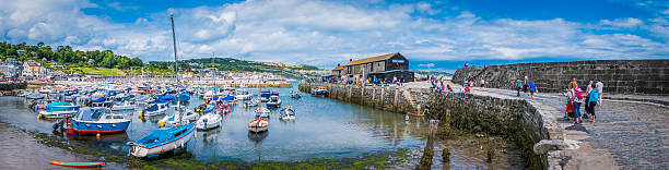 Families on holiday at seaside harbour Lyme Regis Cobb Devon Lyme Regis, UK - July 26, 2016: Families of holiday makers on the historic Cobb harbour wall overlooking Lyme Regis. Composite panoramic image created from twelve contemporaneous sequential photographs.  crabbing stock pictures, royalty-free photos & images