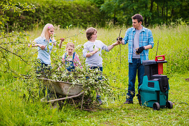 Family Grinding Branches Young family grinding branches while working in their orchard.   pruning gardening stock pictures, royalty-free photos & images
