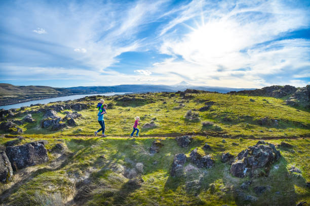 Family Hike With Children A mother and her two young children hike through a meadow at Horsethief Butte in Columbia Hills State Park, Washington State. Mt. Hood, the Columbia River, and The Dalles, Oregon are in the background. columbia river gorge stock pictures, royalty-free photos & images