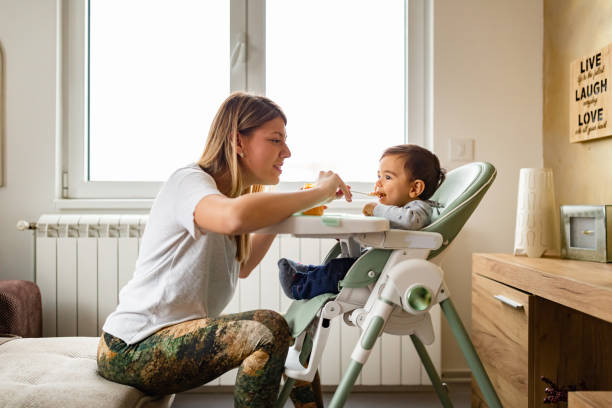 Family life. Mother feeding her baby at home. stock photo