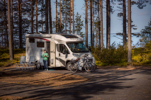 Family vacation travel RV, holiday trip in motorhome stock photo