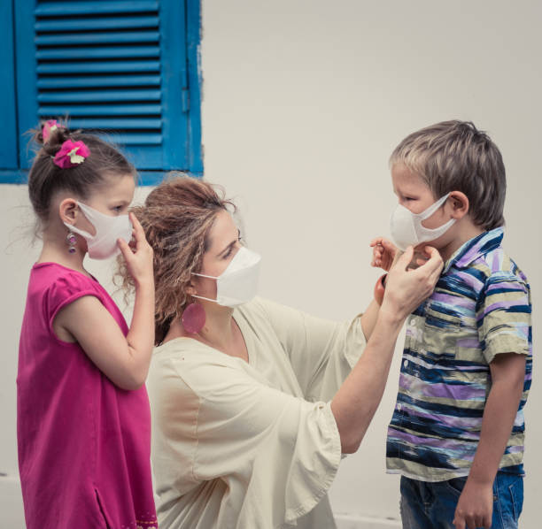 Family wearing facial disposable mask. Coronavirus protection stock photo