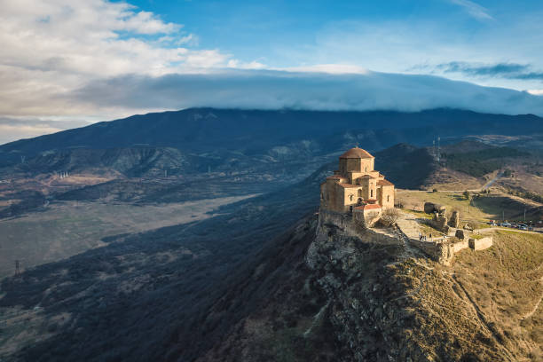 Famous aerial  Jvari Monastery view in Mtskheta stock photo