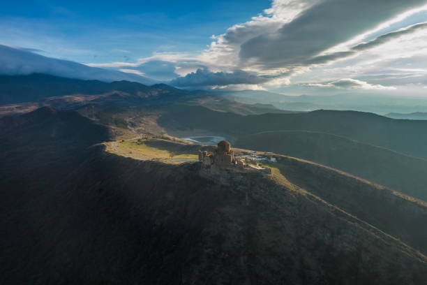 Famous aerial  Jvari Monastery view in Mtskheta town stock photo