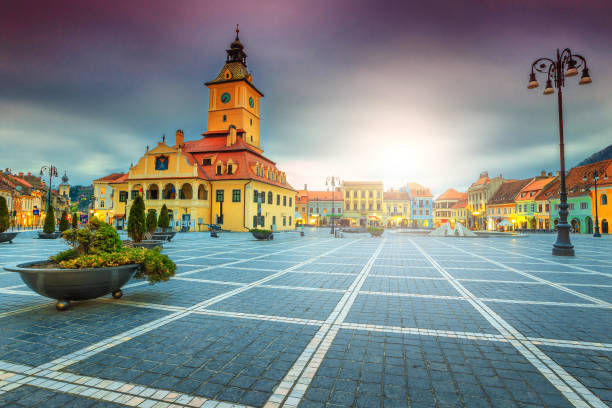 Famous city center with Council Square in Brasov, Transylvania, Romania stock photo