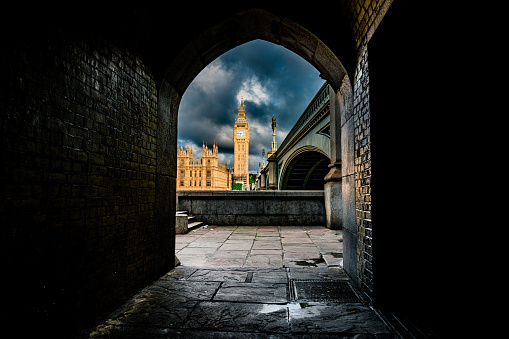 Famous clock tower Big Ben viewed through an archway