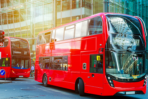 Famous Red Double Decker Bus In Canary Wharf District Famous Red Double Decker Bus In Canary Wharf District