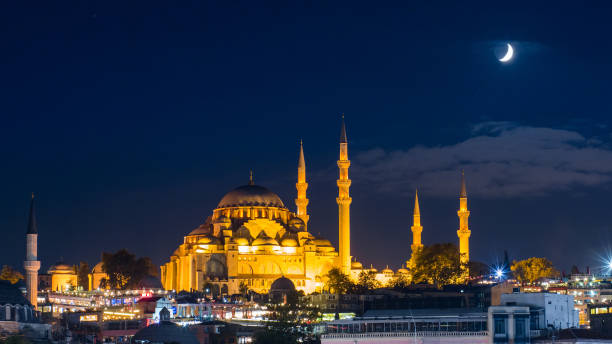 famous Suleymaniye mosque in Istanbul at night stock photo