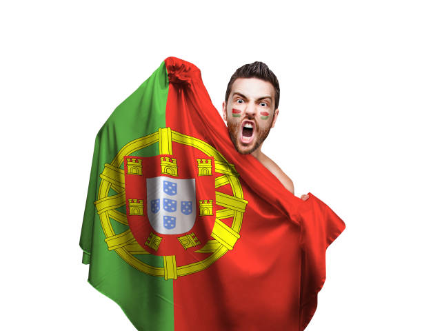 fan / sport player holding the flag of portuguese - portugal flag stadium imagens e fotografias de stock