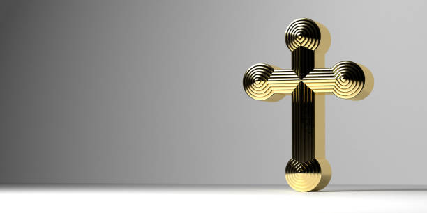Fancy golden cross symbol on blank grey background Glorious Christian Cross symbol in 3D to celebrate the resurrection of Jesus Christ from the dead on the date of Easter with ornate golden cross icon concept on blank background with dropped shadow and copy space. Great for Confirmation, Baptism, Easter or any religious celebration. good friday stock pictures, royalty-free photos & images