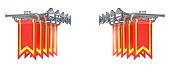 istock Fanfare ten symmetrical silver trumpets and red flags 3D 1152297608