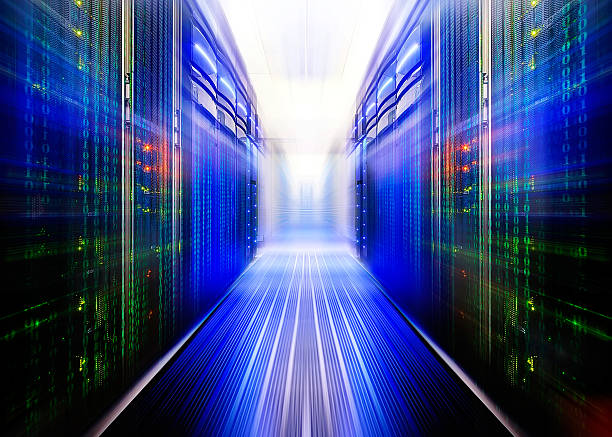 fantastic data center with a binary code penetrating supercomputers symmetrical data center room with futuristic beams and rows equipmentsymmetrical data center room with futuristic beams and rows equipment byte stock pictures, royalty-free photos & images