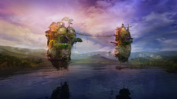 Fantastic lake landscape with inhabited flying islands, 3D render. stock photo