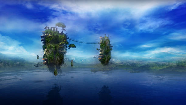 Fantastic landscape with a lake and flying islands, 3D render. stock photo