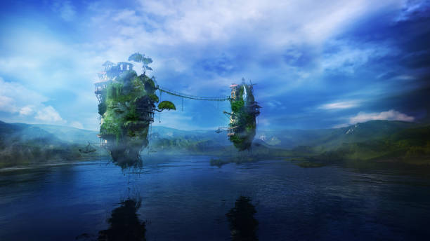 Fantastic landscape with a lake and inhabited flying islands, 3D render. stock photo