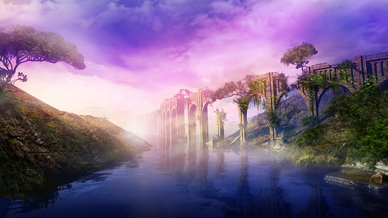 Colorful fantastic landscape with an aqueduct over the river in a mountainous area. 3D render.