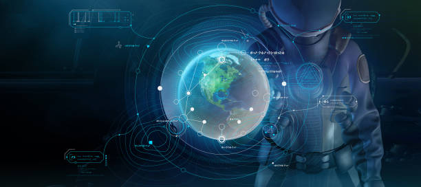Fantastic poster with a man in a spacesuit and infographics. 3D render stock photo