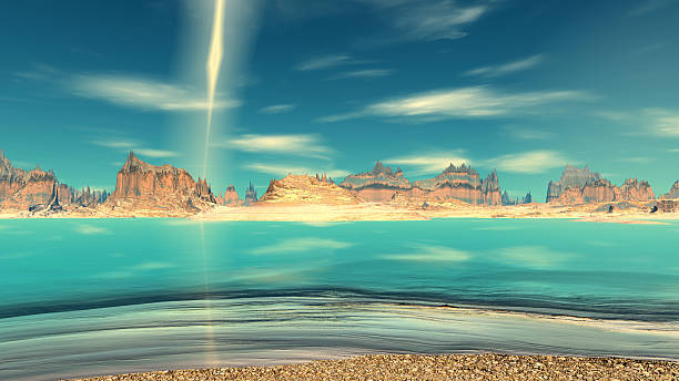 Fantasy alien planet. Rocks and lake. 3D illustration stock photo