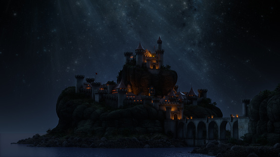 Storybook castle with starry sky.
