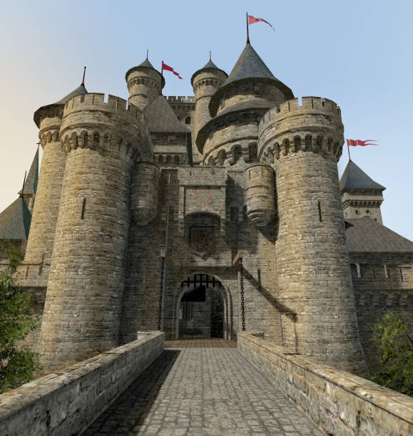 Fantasy Castle Gate Bridge 3D rendering of a draw bridge gate of a massive  enchanted fantasy castle seen from a stone bridge. fort stock pictures, royalty-free photos & images