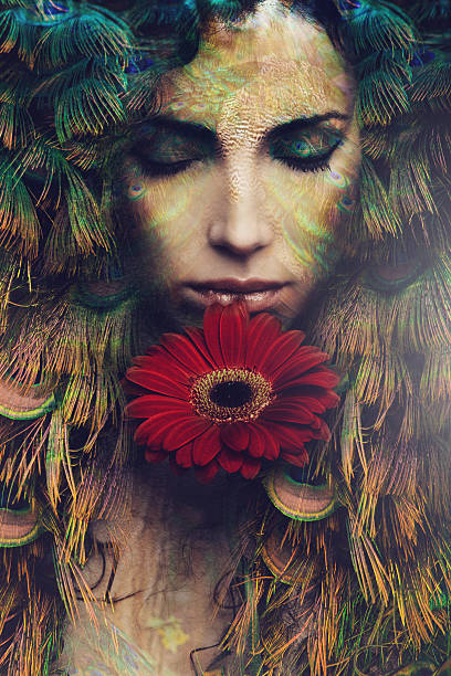 fantasy fairy fantasy beautiful woman portrait with flower, composite photo goddess stock pictures, royalty-free photos & images