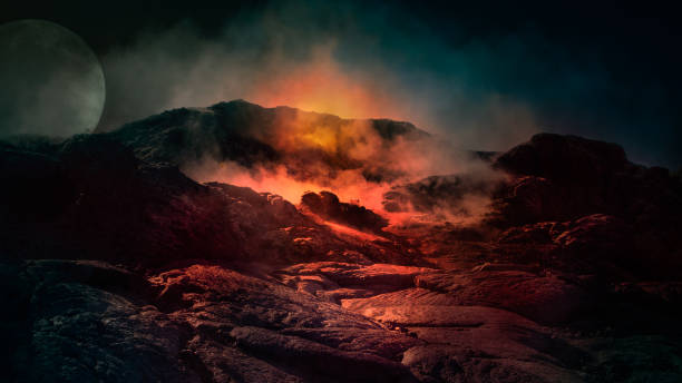 Fantasy scene of active volcano. Fantasy close up scene of active volcano with fire, ice and smoke on the top. Iceland, Europe. active volcano stock pictures, royalty-free photos & images