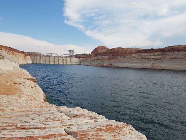 Far View of a Dam Across a Lake, Lake Powell stock photo