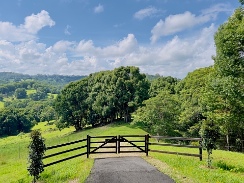 Horizontal landscape photo of a closed wooden gate and fence railing leading into a farm property in the lush green subtropical hinterland of the Byron Shire on the north coast of NSW in Summer