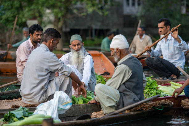 Farmer selling vegetables on floating market, Srinagar, Kashmir, India Srinagar, India - July 24, 2019: Kashmiri farmer and local market dealer are selling and buying vegetables and flowers on small wooden boats (locally called shikara). Location: Floating market at Lake Dal, Srinagar, Kashmir. jammu and kashmir stock pictures, royalty-free photos & images