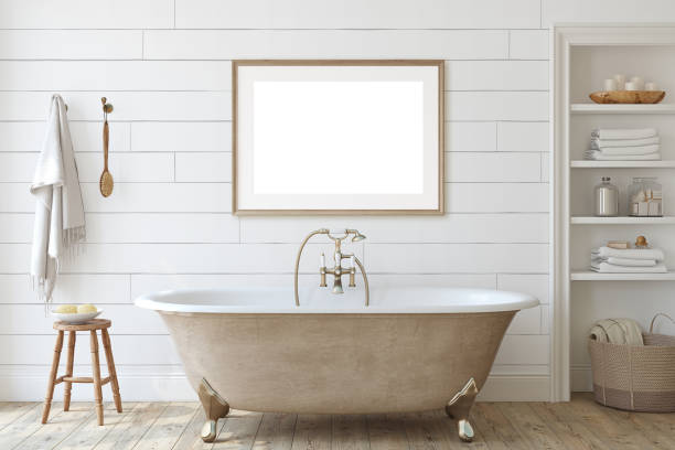 Farmhouse bathroom with shiplap wall. 3d render. Farmhouse bathroom with shiplap wall . Interior and frame mockup. 3d render. shiplap stock pictures, royalty-free photos & images