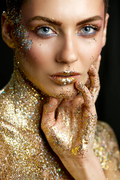 Fashion Lips Beauty Art Makeup, Woman Metallic Lipstick Make Up, Glittering Color stock photo