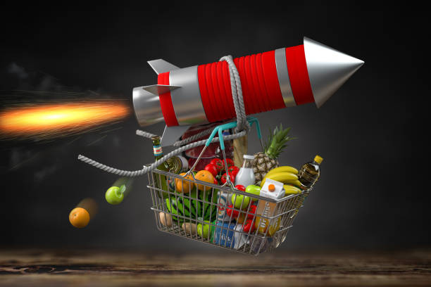 Fast delivery, growth of market basket or consumer price index, inflation or growth of food sales concept. Shopping basket with foods on flying rocket. stock photo