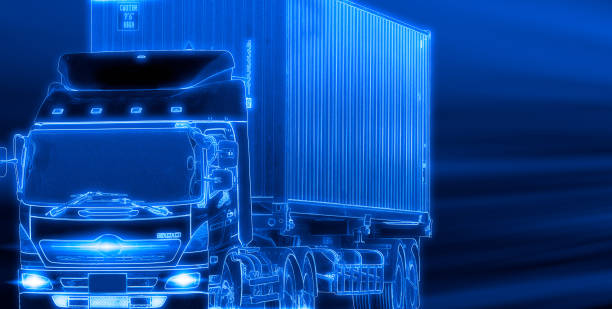 Fast delivery truck on dark blue background. Truck transport. Semi trailer container. Logistic industry. Freight transportation. Futuristic truck with autonomous driving concept. Cargo and shipping. stock photo