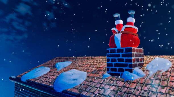 vet en overgewicht kerstman komt vast te zitten in de schoorsteen op kerstavond - christmas funny stockfoto's en -beelden