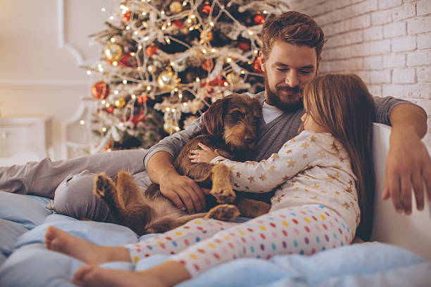 Father and his cute daughter in front of christmas three. Father and his cute daughter lying on bed with their dog. Christmas three in background. happy new year dog stock pictures, royalty-free photos & images