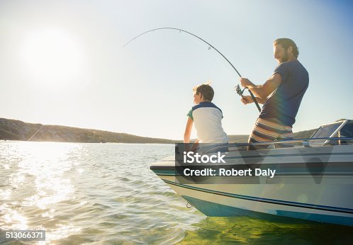 istock Father and son fishing on boat 513066371