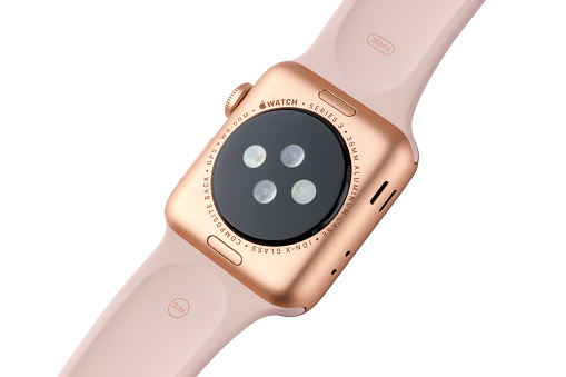 February 2018 Apple Watch Series 3 Colors Gold Aluminum Case With Pink Sand Sport Band A New Watch From An Apple Company Closeup Isolated On A White Background Stock Photo Download