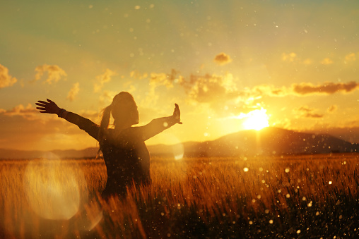 silhouette in the sunset, young woman with her arms raised enjoying summer twilight in the middle of nature.