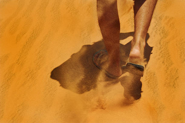 feet walk along red sand stock photo