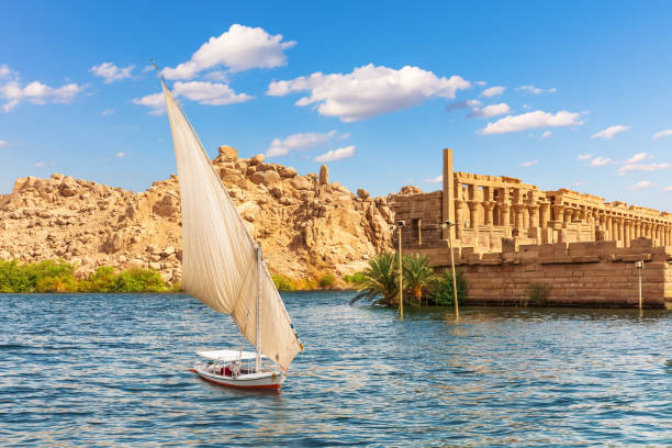 Felucca by the Temple of Philae on the Agilikia island, the Nile, Aswan, Egypt Felucca by the Temple of Philae on the Agilikia island, the Nile, Aswan, Egypt. nile river stock pictures, royalty-free photos & images