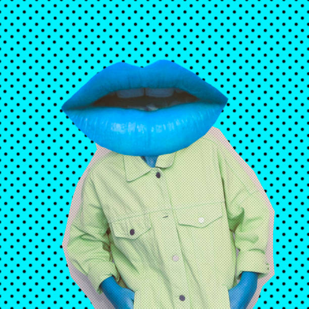 Female alien model with the big blue lips instead  head on background with dots. stock photo