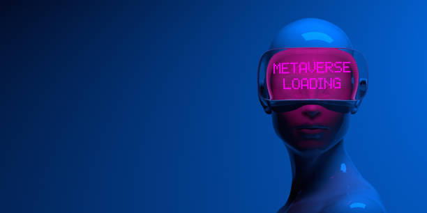 Female avatar with neon pink META VERSE LOADING text goggles on blue background stock photo