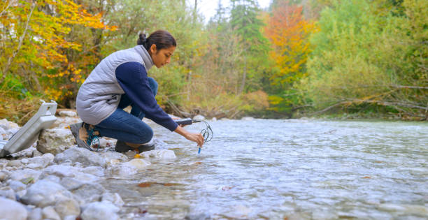 Female biologist testing the oxygen levels in the river stock photo