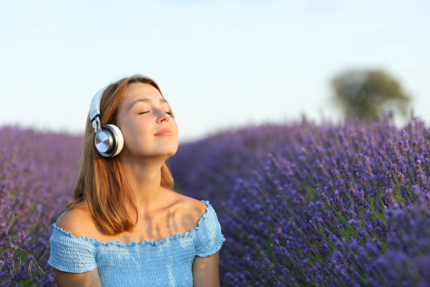 Female breathing listening to music in a lavender field stock photo