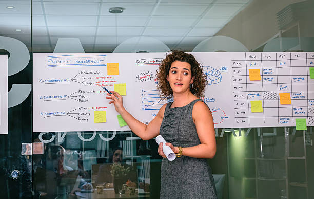 Female coach showing project management studies over glass wall stock photo