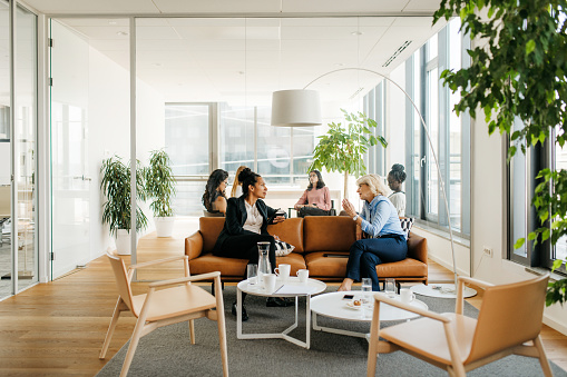 A group of business women are sitting in a bright office space with trendy furniture and enjoying a well-deserved break. They are having a conversation and drinking coffee. Horizontal daylight photo.