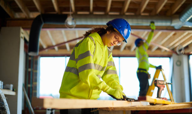 female construction trainee stock photo