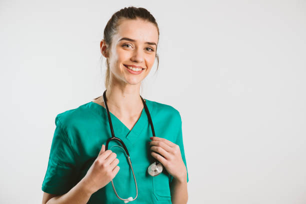 Female doctor on white background stock photo
