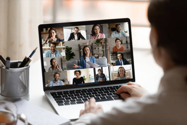Female employee have webcam team meeting online stock photo